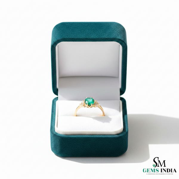 Round Natural Emerald Halo Ring with Diamond Accents – Fine Gold Jewelry