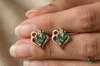 Marquise Emerald Heart Shaped Gold Stud Earrings