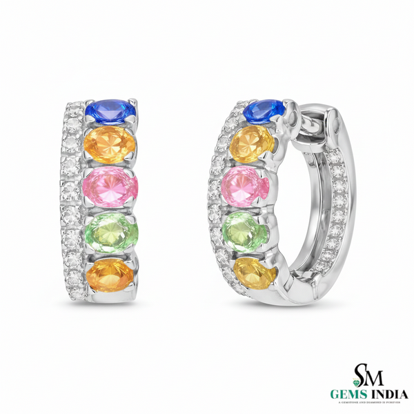 Rainbow Oval shape Multi Gemstone & Diamond Huggie Hoop Earrings