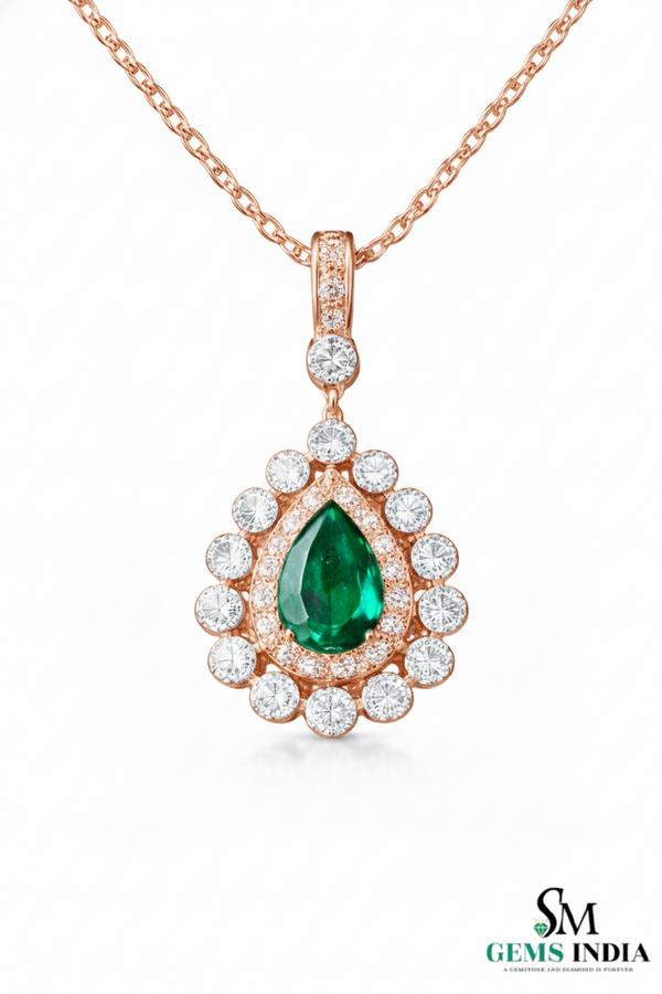 Natural Green Emerald & Diamond Teardrop Pendant - Anniversary Gift