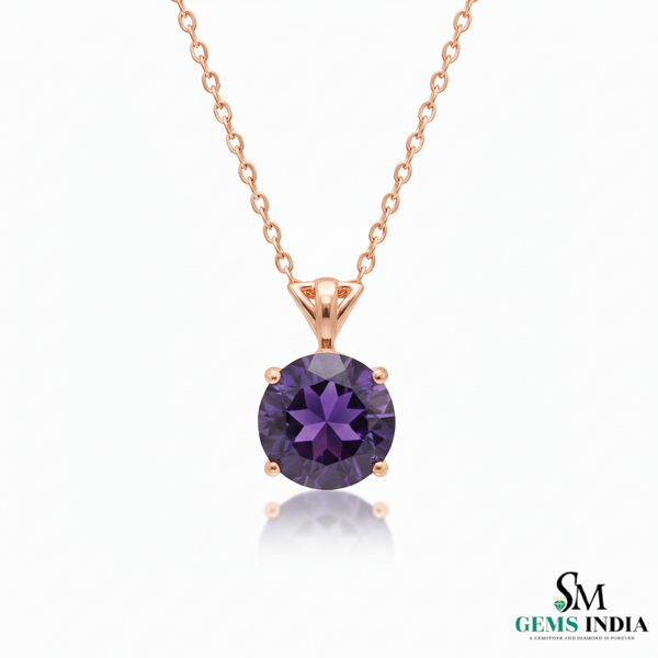 Natural Round Amethyst Gold Solitaire Pendant - February Birthstone