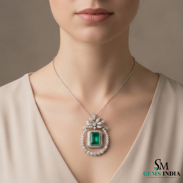 Vintage Style Emerald-Cut Emerald Bow Pendant Luxury Bow Diamond Pendant