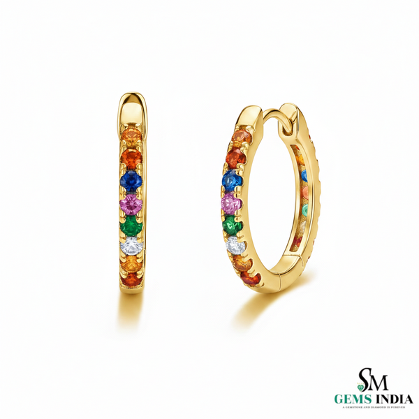 Round Rainbow Multi Gemstone Huggie Hoop Earrings - Fine Gemstone Jewelry