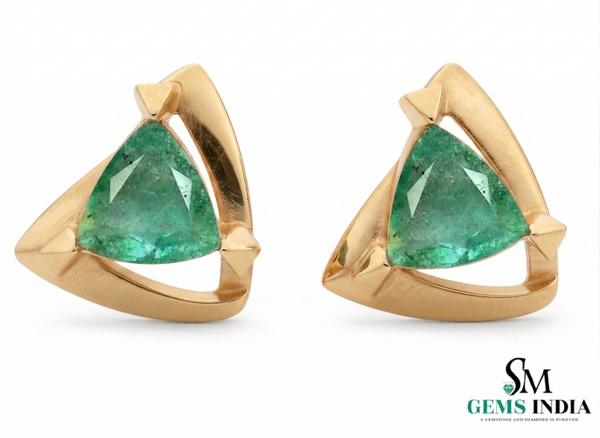 Trillion Cut Triangle shape Natural Emerald Stud Earrings in 14k gold Bold Geometric Earrings