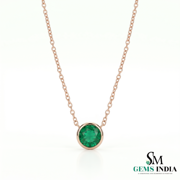 Round Emerald Bezel Set Pendant Necklace – Minimalist Solitaire Green Gemstone Fine Jewelry