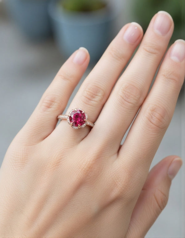 Round cut Natural Ruby Engagement Ring with Diamond Halo in 14k and 18k Gold