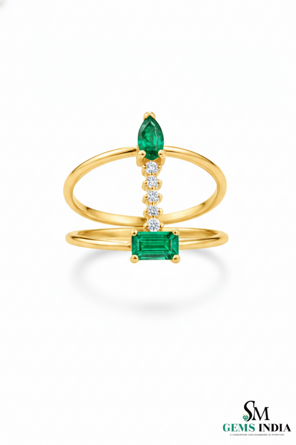 Pear & Emerald Cut Emerald Open Ring with Diamond Bar