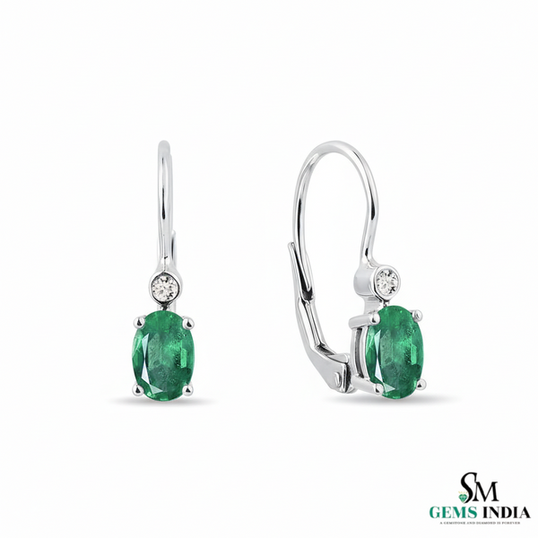 Oval Cut Green Emerald Drop Earrings with Diamond Accent– Classic Dangle Fine Jewelry