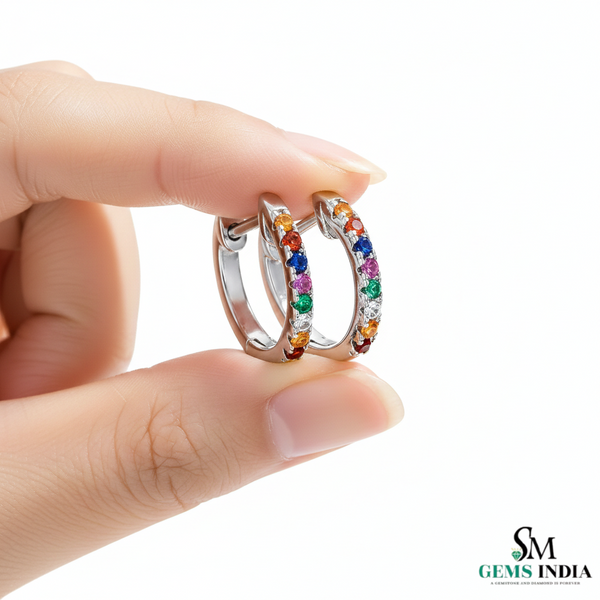 Round Rainbow Multi Gemstone Huggie Hoop Earrings - Fine Gemstone Jewelry