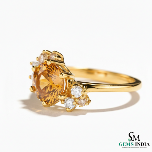 Round Orange Citrine Floral Ring with Diamond Accents in 14k and 18k Gold