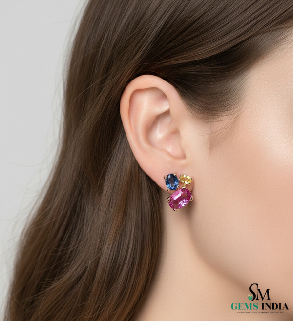 Multicolor Gemstone Trio Cluster Stud Earrings - Earrings for Women