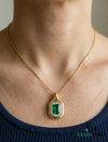 Emerald Cut Green Emerald Diamond Cluster Pendant for Women