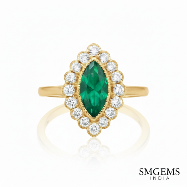 Classic Emerald Halo Ring Marquise Cut Green Stone in 14K Gold Fine Jewlery Gift for Her