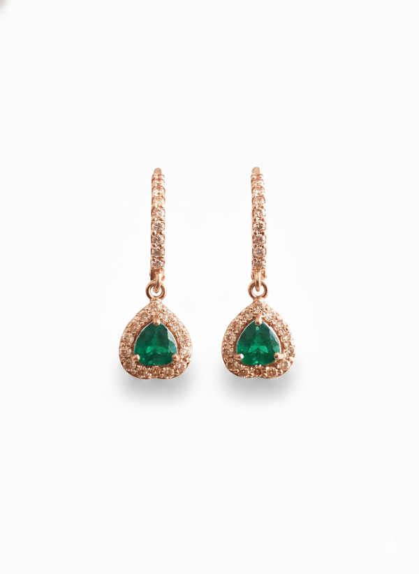 Heart shape Natural Emerald Halo Drop Earrings in 14k Gold Fine Diamond Dangles