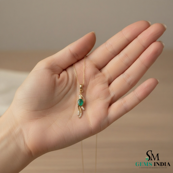 Oval shape Natural EmeraldDiamond Swirl Pendant in 18k Gold
