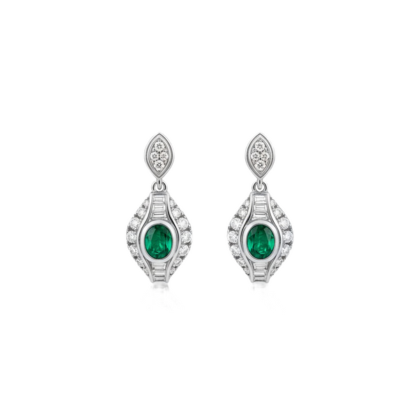 Elegant Oval Natural Emerald Teardrop Earrings Baguette Round Diamond Mix