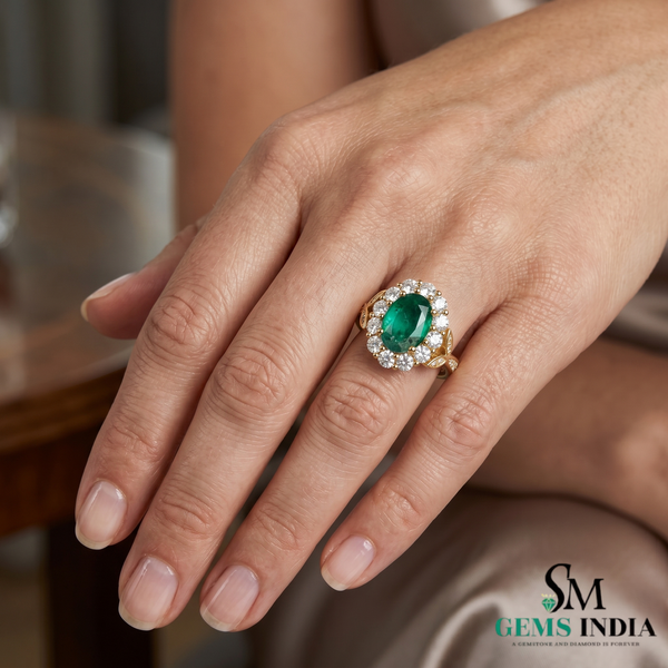 2.50 carat Oval Cut Emerald and Diamond Halo Ring in 14K Gold Vintage Engagement Ring
