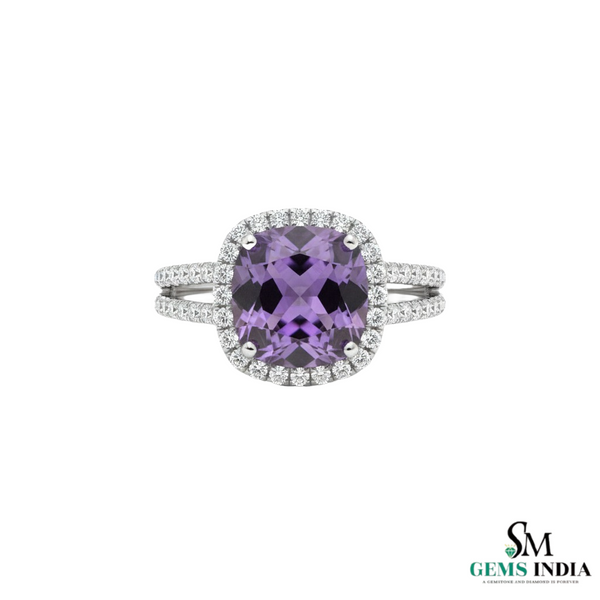 Cushion Cut Natural Amethyst & Diamond Halo Engagement Ring