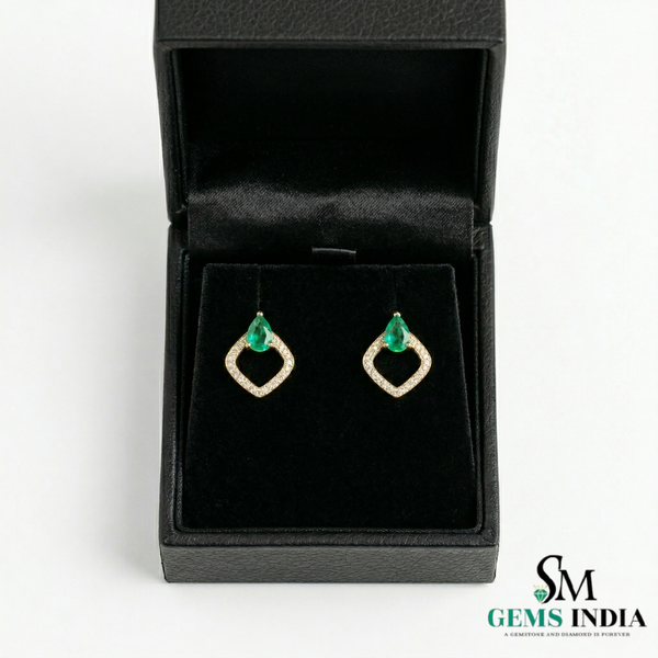Luxury Pear Shape Emerald & Diamond Stud Earrings for Women