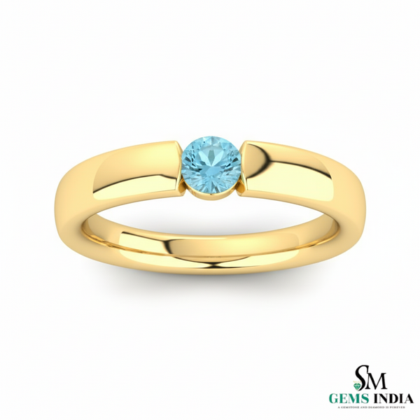 Round Aquamarine Solitaire Ring - Gold Band Ring