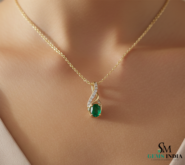 Natural Green Emerald Oval Pendant with Diamond Curve Design