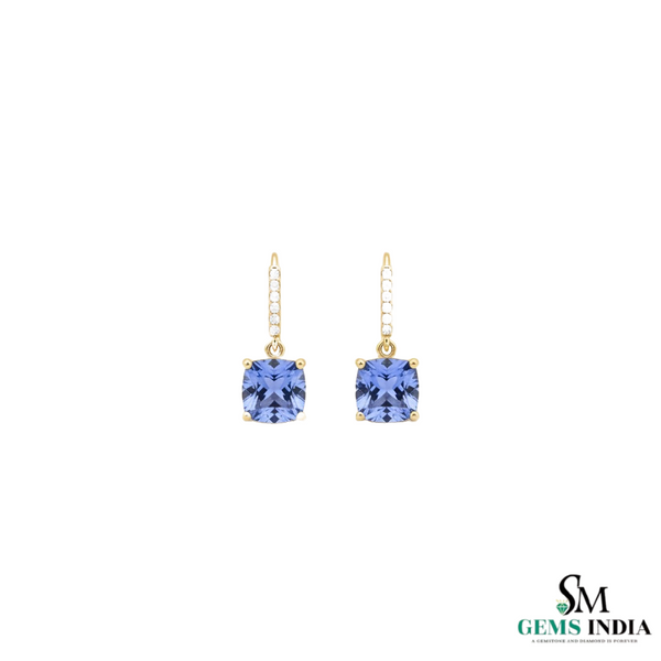 Elegant Cushion Cut Tanzanite Diamond Dangle Earrings in 18K Gold