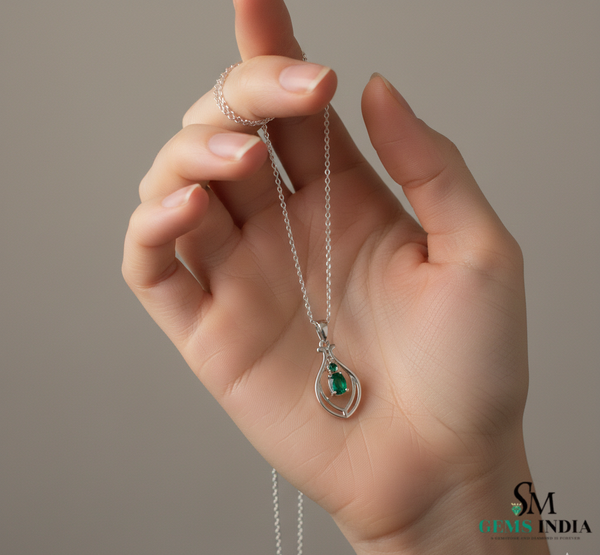 Natural Oval Green Emerald Teardrop Pendant For Woman