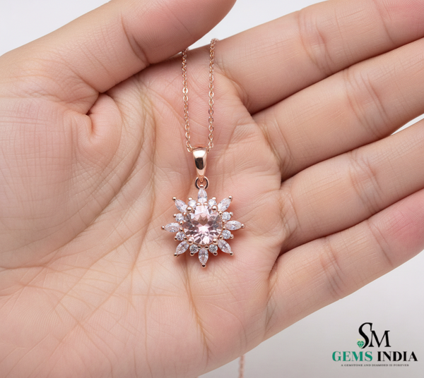 Round Pink Morganite & Diamond Halo Pendant - Morganite Diamond Pendant