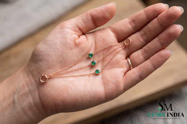 Fine Emerald Bezel Set Bracelet in 14K Gold – Elegant Triple Chain Station Bracelet for Women