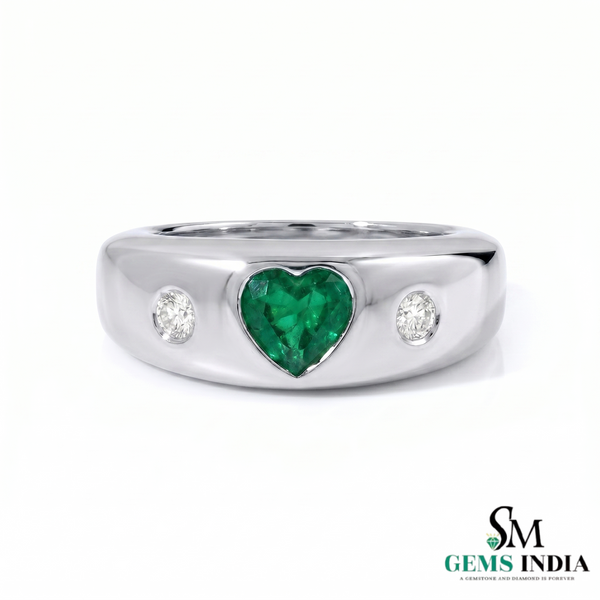 Heart Shape Emerald and Diamond Ring - Bold Signet Style Band