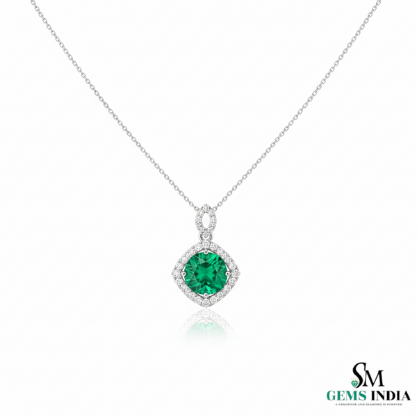 Round Emerald and Diamond Halo Pendant in 18K Gold May Birthstone Jewelry