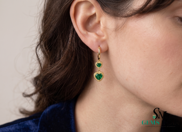Romantic Double Heart Natural emerald Dangle Earrings in Gold with Green Stones