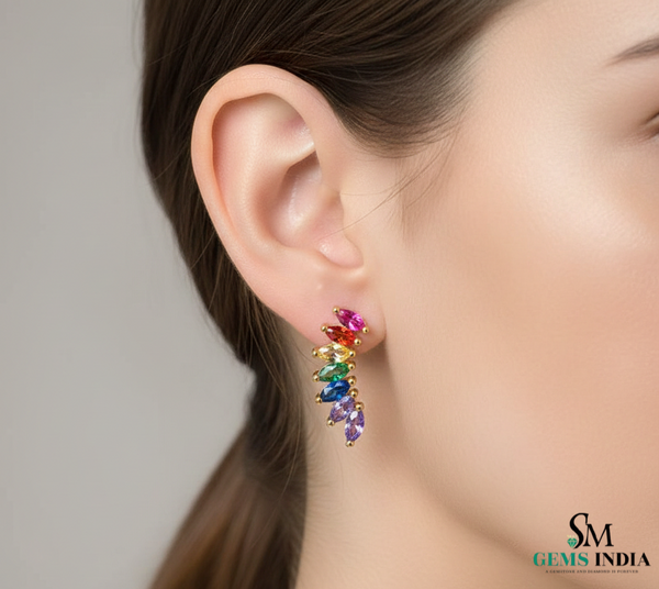 Rainbow Marquise Sapphire Curved Bar Stud Earrings - fine jewelry earrings