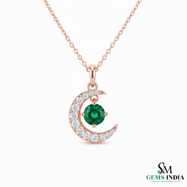 Crescent Moon Round Natural Emerald Pendant in 18k Gold Minimalist Birthstone Jewelry