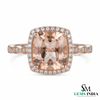 Cushion Cut Peach Statement Morganite Halo Ring with Brilliant Diamond Border