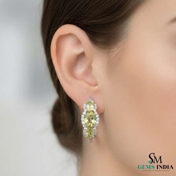 Elegant Oval Peridot & Diamond in 14k and 18kGold Hoop Earrings