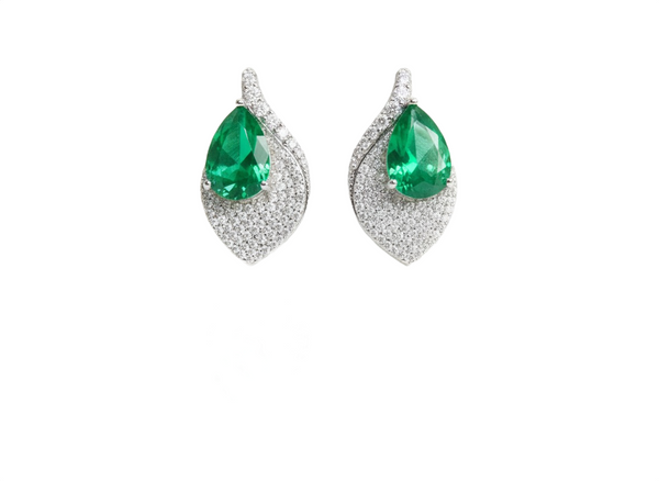 6.20 carat Pear Shaped Natural Emerald and Diamond Leaf Earrings in 14K Gold