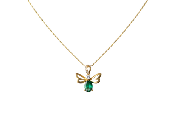 Oval Natural Emerald Angel Pendant in 14K Gold Green Gemstone Fairy Wing May Birthstone Gift for Her