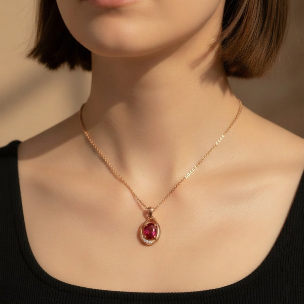Oval Ruby & Diamond Halo Pendant Special Surprise gift for her