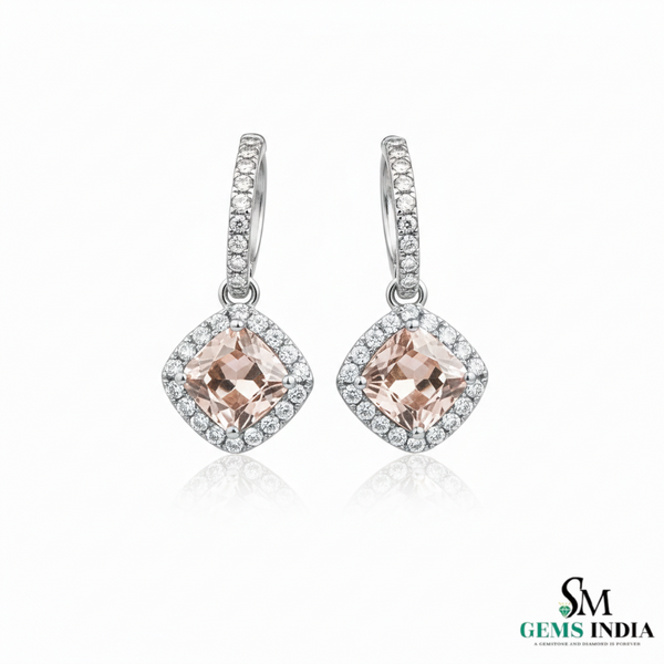 Cushion-Cut Morganite Diamond Dangle Hoop Earrings - Wedding hoop drop earrings