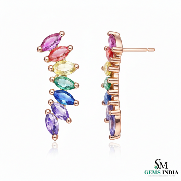 Rainbow Marquise Sapphire Curved Bar Stud Earrings - fine jewelry earrings