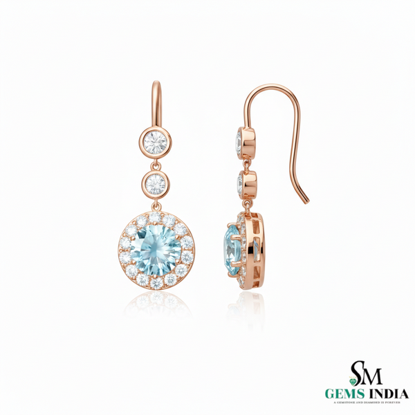 March Birthstone Round Aquamarine Diamond Drop Earrings – Fine Gold Jewelry