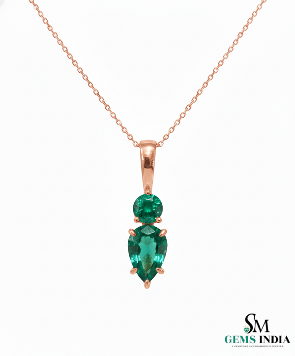 Two-Stone Natural Emerald Drop Pendant Round Pear Cut Design