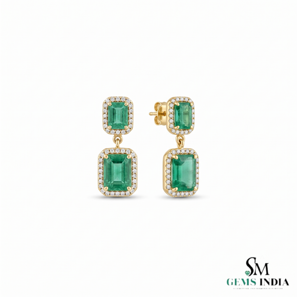 Emerald cut Natural Emerald & Double Drop Halo Earrings in 14K Gold Classic Vintage Dangle Design