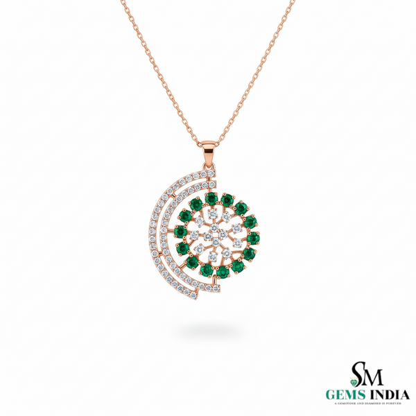 Round Natural Emerald; Diamond Spiral Flower Pendant in 18K Gold