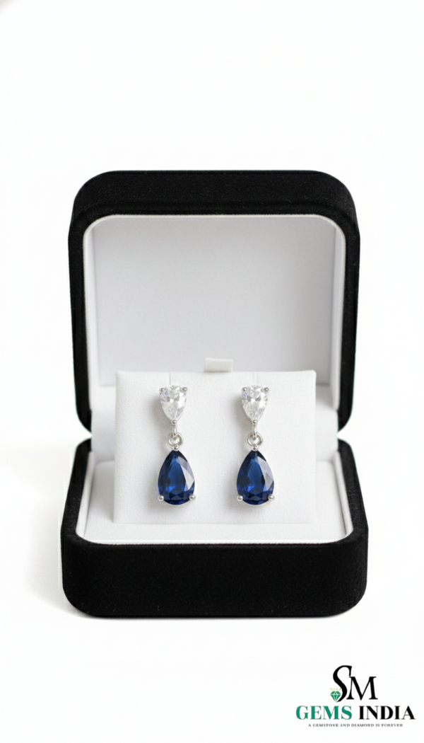 Pear Blue Moissanite Drop Earrings with White Moissanite Accents
