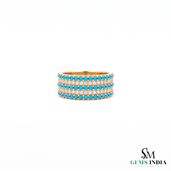 Turquoise Beaded Band Ring With Diamond Accent Rows - Gift For Her