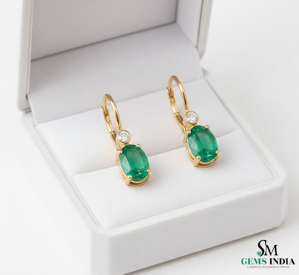 Oval Cut Green Emerald Drop Earrings with Diamond Accent– Classic Dangle Fine Jewelry