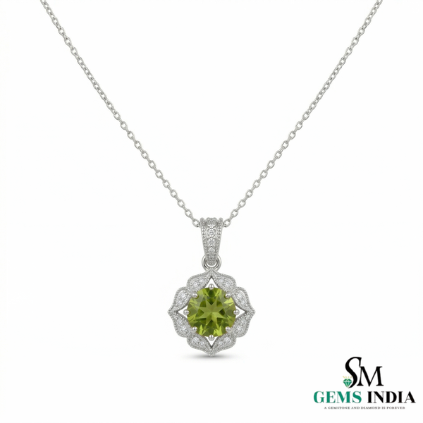 Antique Inspired Peridot Floral Pendant with Diamonds - Elegant Statement Jewelry