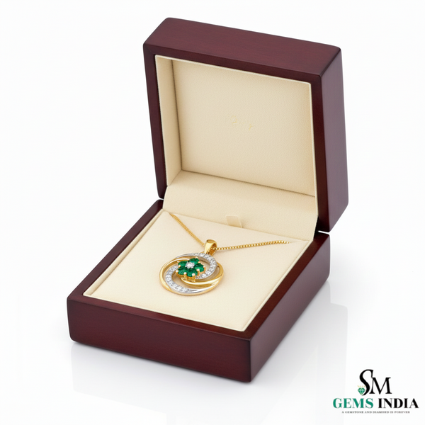 Natural Emerald Floral Swirl Pendant in Gold – Diamond Accent Pendant